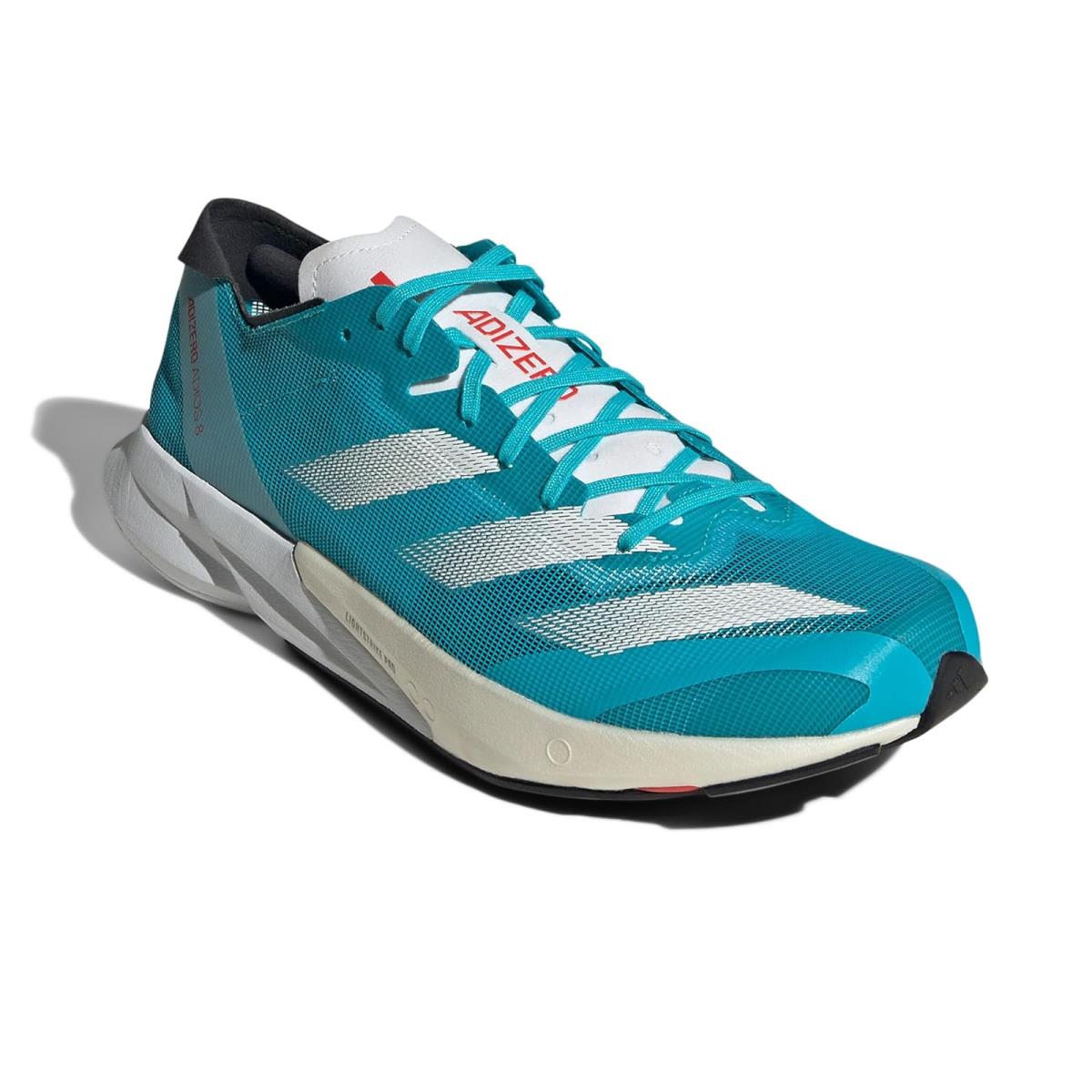 Man`s Sneakers Athletic Shoes Adidas Running Adizero Adios 8 Lucid Cyan/White/Bright Red