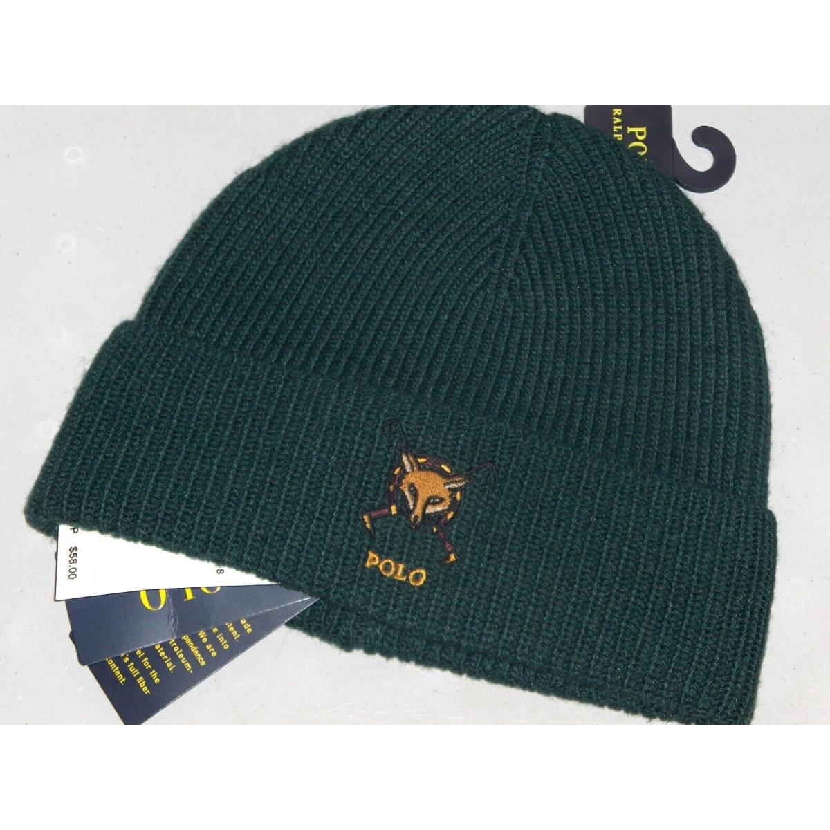 Polo Ralph Lauren Men`s Rib Knit Fox Head Beanie Hat Watch Ski Cap Green