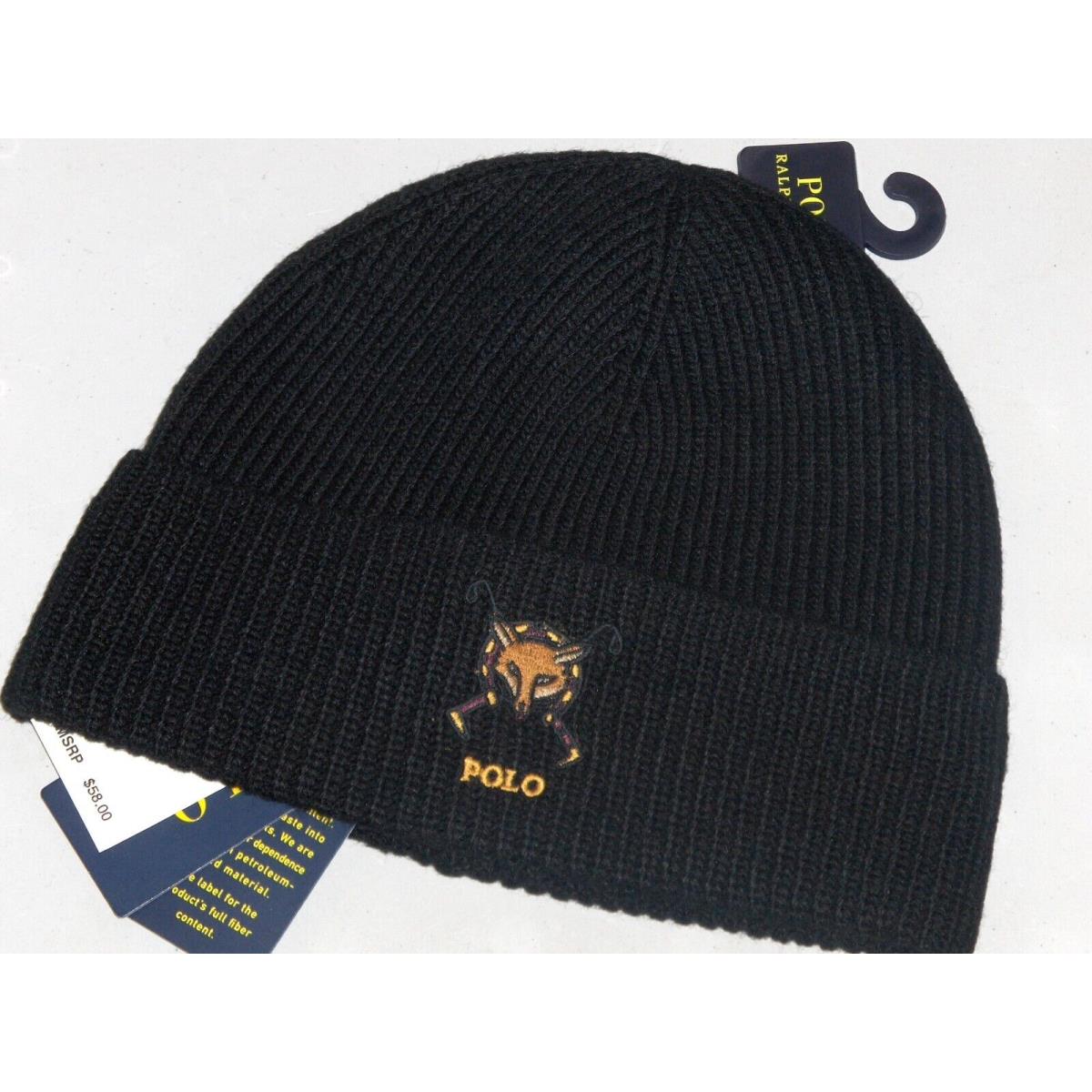 Polo Ralph Lauren Men`s Rib Knit Fox Head Beanie Hat Watch Ski Cap Black