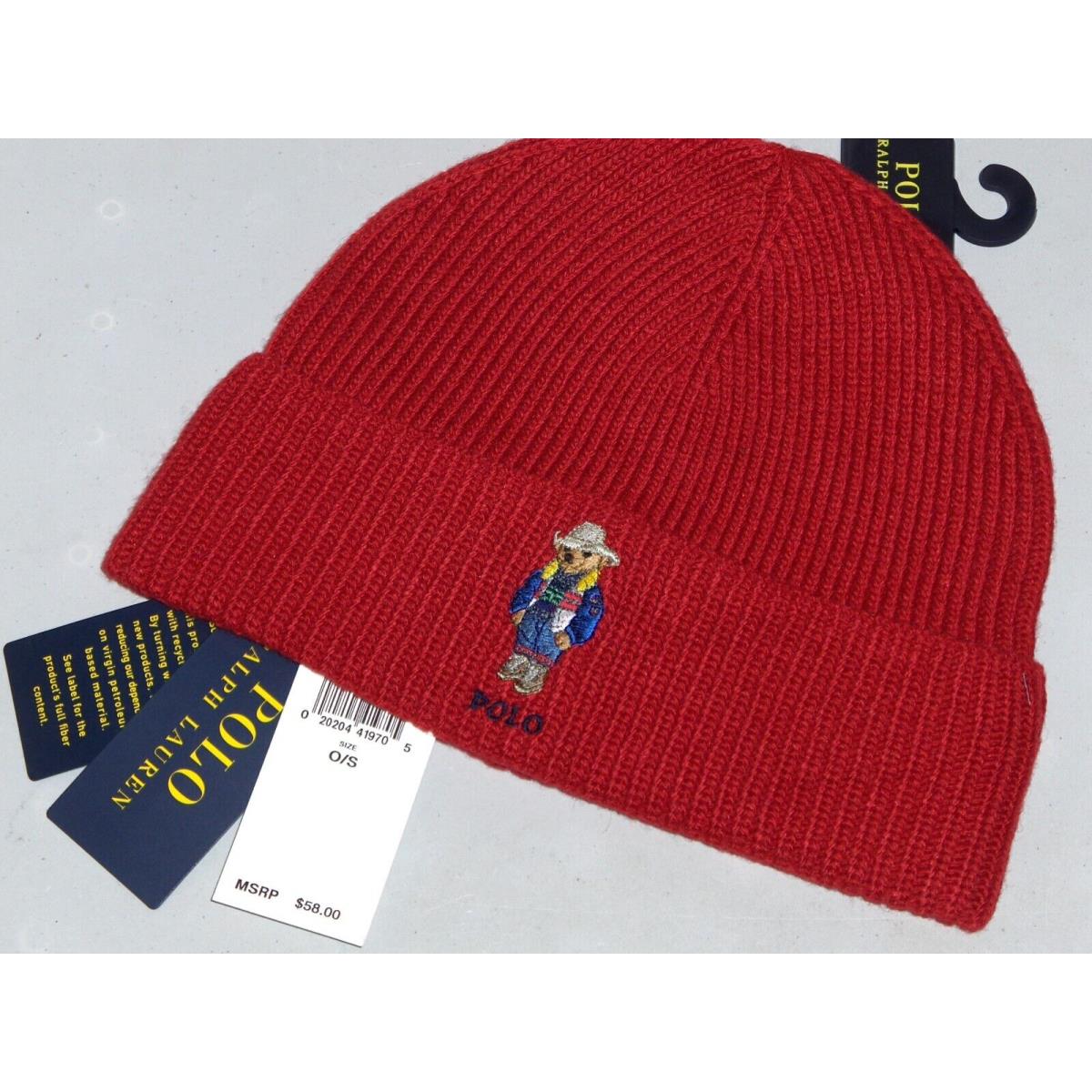 Polo Ralph Lauren Men`s Cowboy Holiday Bear Knit Beanie Hat Watch Ski Cap Red