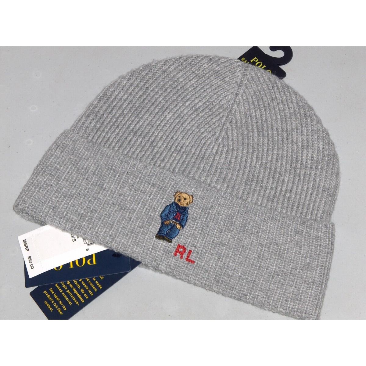 Polo Ralph Lauren Men`s Big Tall Sweater Denim Bear Beanie Hat Watch Cap Gray