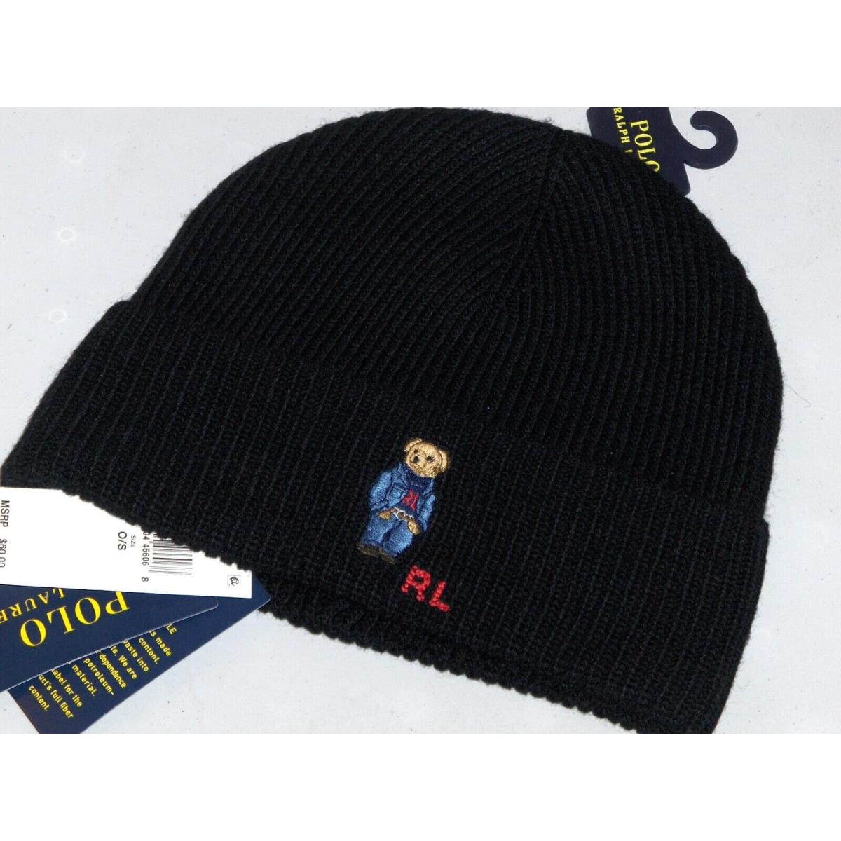 Polo Ralph Lauren Men`s Big Tall Sweater Denim Bear Beanie Hat Watch Cap Black