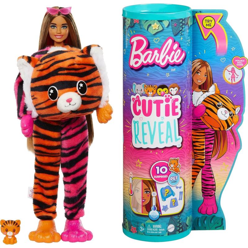 Barbie Cutie Reveal Fashion Doll Jungle Series Tiger Plush Costume 10 Surprise