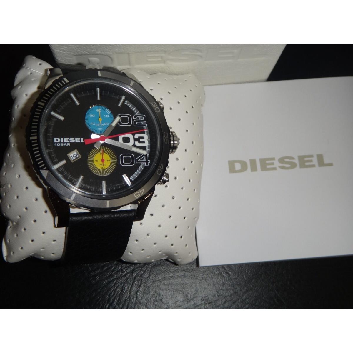 Diesel Mens Double Down Silver Chronograph Watch Black Leather Strap 48mm DZ4331