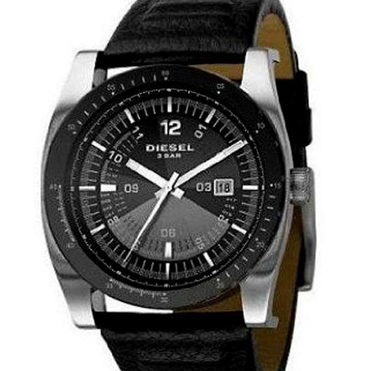 Diesel Silver Tone Black Leather Band Compass 5 Bar WATCH-DZ1256