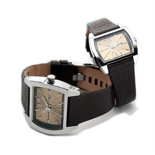 New-diesel 2 Two Piece His Her Set Brown Leather Band+silver Dial DZ1360+BOX
