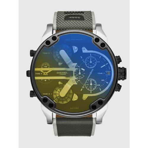 Diesel DZ7429 Mr Daddy Four Time Zone Oversize 57mm Leather Black Gray Yellow - Multicolor Dial, Black Band, Yellow Bezel