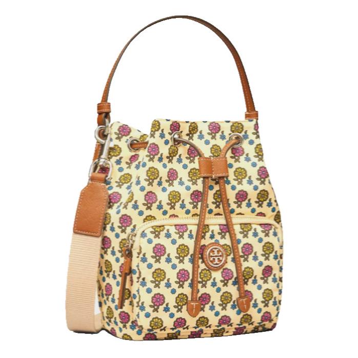 Tory Burch Virginia Ivory Florals Daisy Border Print Nylon Bucket Bag