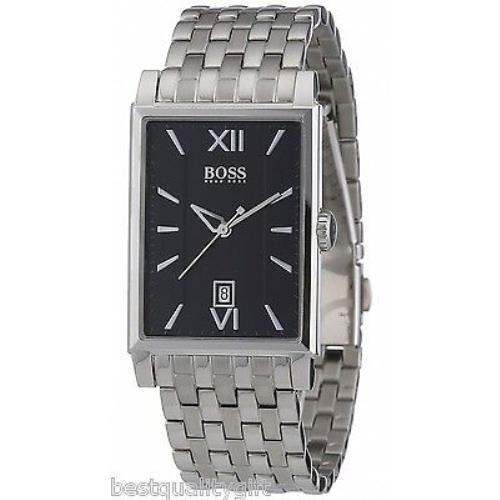 New-hugo Boss Gents Silver Band+black Rectangle Dial+roman `s Watch 1512467+TAG