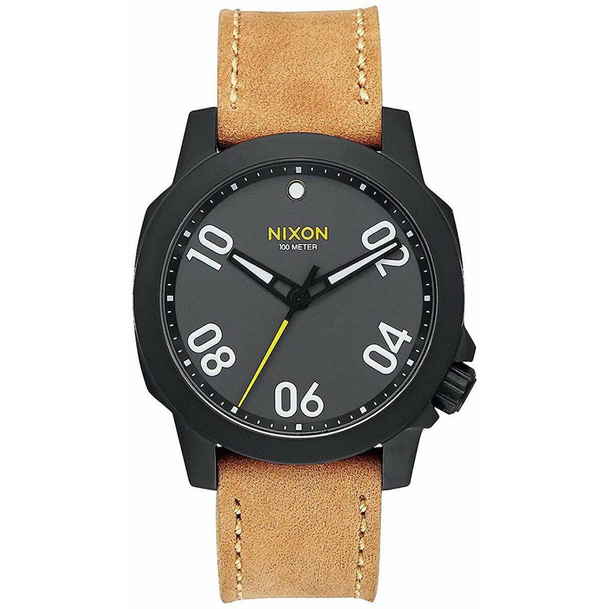 Nixon Ranger 40 Leather Black Gunmetal Watch A471 2093 / A471-2093 / A4712093 - Black Dial, Tan Band