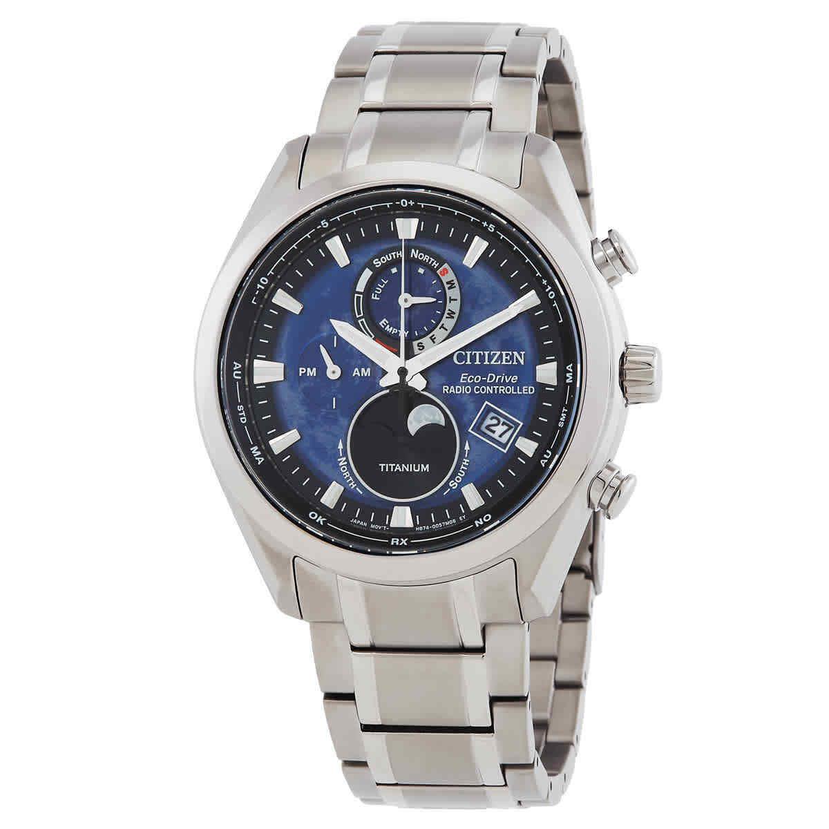 Citizen Tsuki-yomi A-t Eco-drive Perpetual World Time Blue Dial Men`s Watch - Dial: Blue, Band: Silver-tone, Bezel: Silver-tone