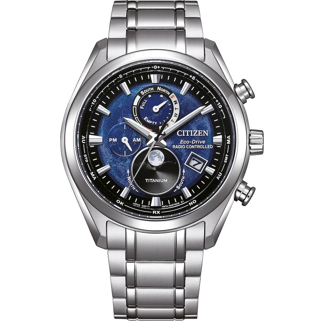 Citizen Titanium Sapphire Moonphase Radio Controlled BY1010-81L Blue Dial Watch - Dial: Blue, Band: Silver, Bezel: Black