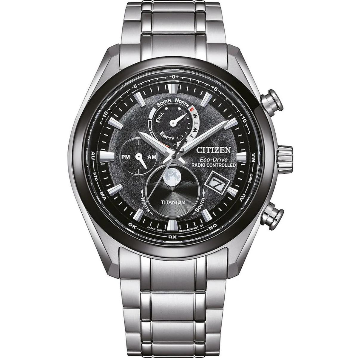 Citizen Titanium Sapphire Moonphase Radio Controlled Black Dial Watch BY1018-80E - Dial: Black, Band: Silver, Bezel: Black