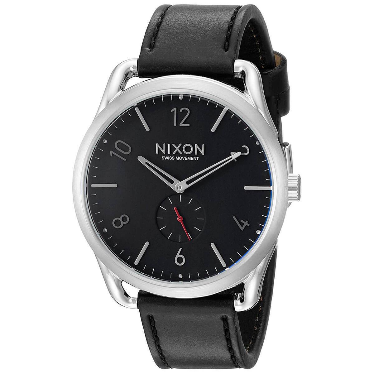 Nixon Men`s Watch C45 Quartz Silver Tone Case Black Leather Strap A465008