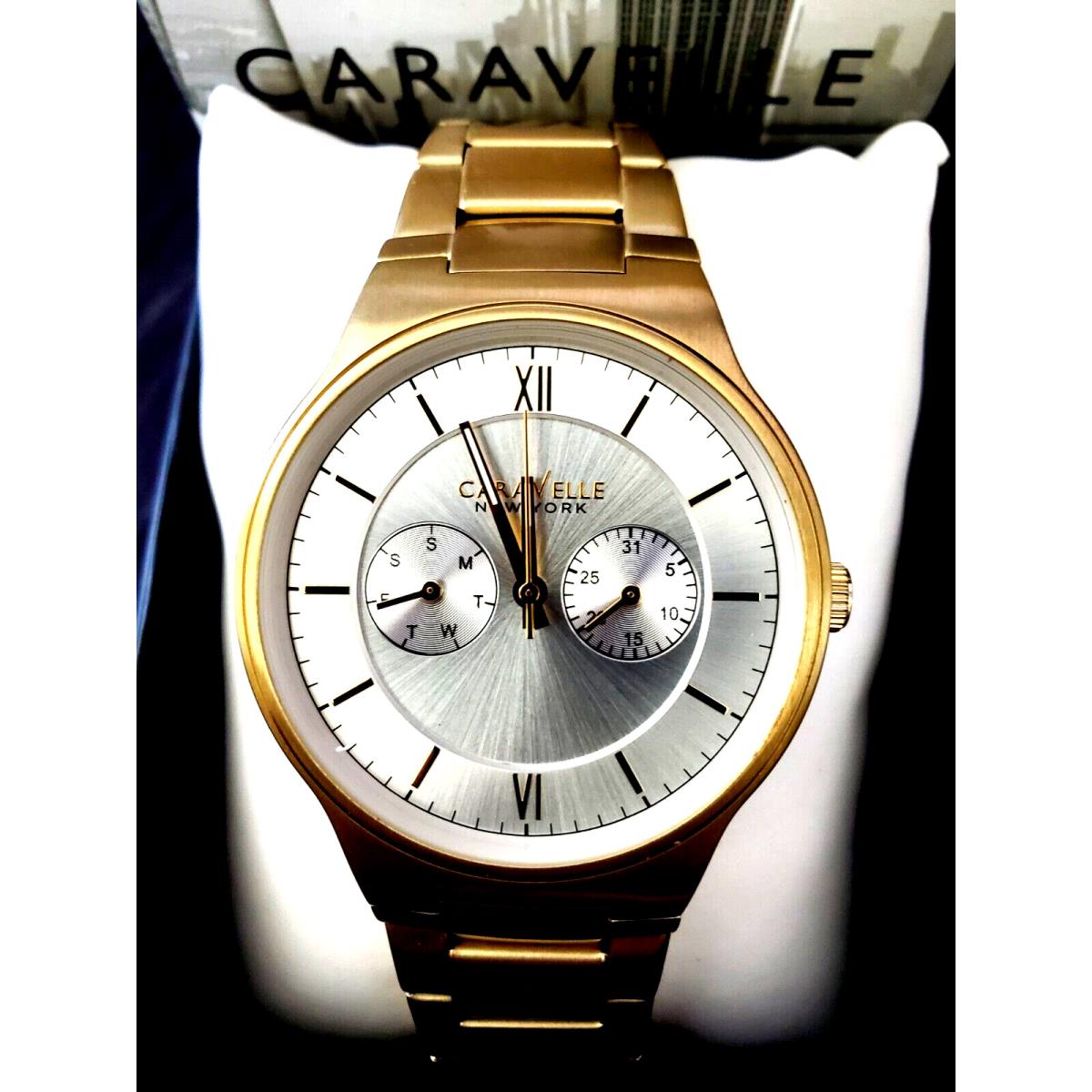 Caravelle Bulova Men`s Day Date Gold Dress Watch Satin Sunburst Pie Pan Dial