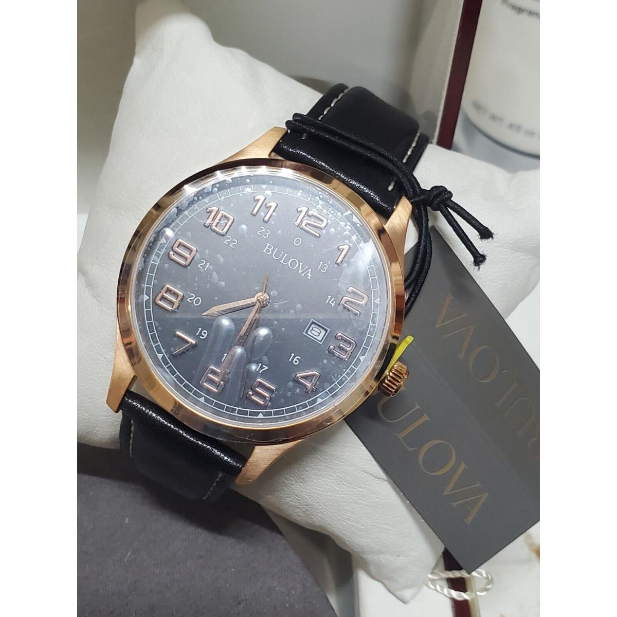 Bulova 97B164 Men`s Quartz Rose Gold Tone Leather Strap 42mm Watch - Dial: Black, Band: Black