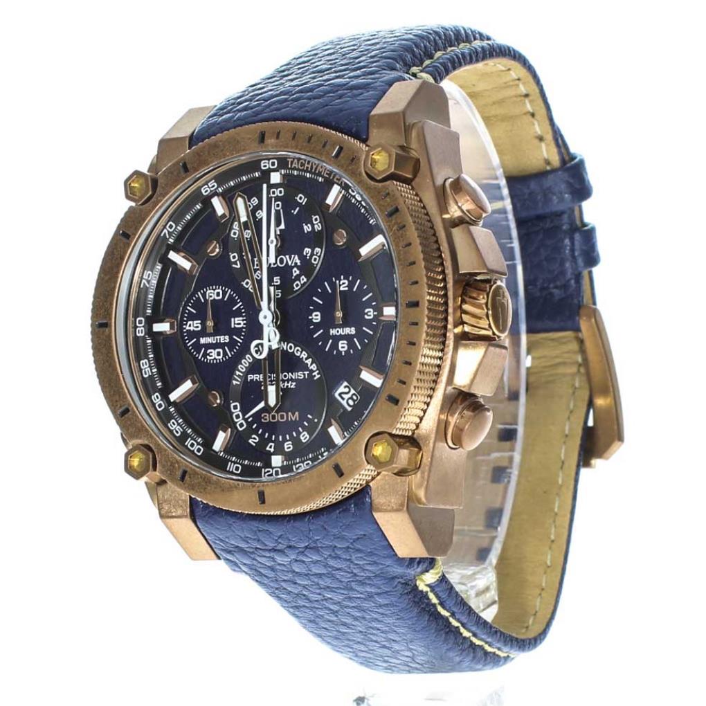 Bulova Precisionist Men`s Chronograph Watch Blue Dial Leather Band 97B186