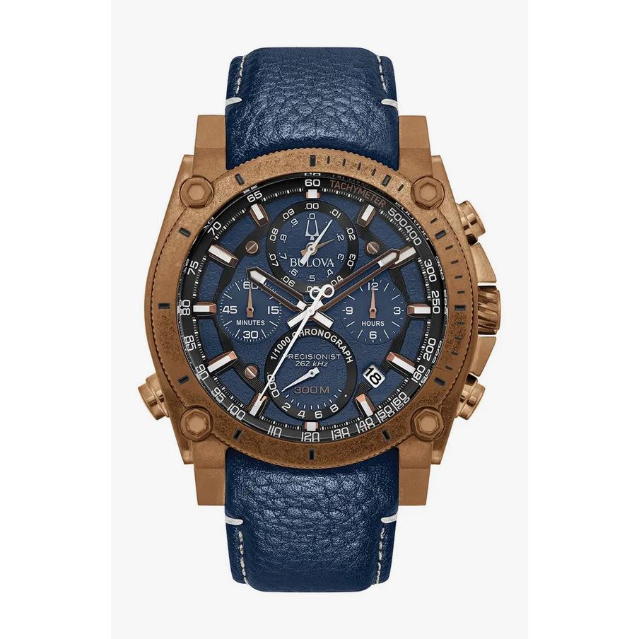 Bulova Precisionist 97B186 Men`s Chronograph Watch Blue Dial Leather Band