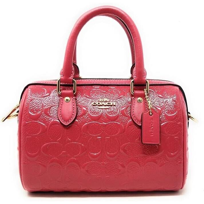 Coach Rowan Signature Embossed Strawberry Pink Patent Leather Mini Crossbody - Handle/Strap: Pink, Hardware: Gold, Lining: Red
