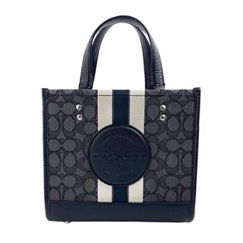 Coach Dempsey Tote 22 In Signature Jacquard with Stripe Patch Women Smoke Black - Exterior: Black
