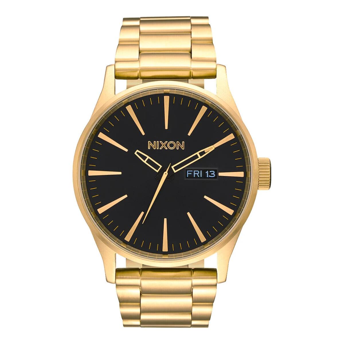 Nixon Men`s Watch Sentry Stainless Steel Watch Sage Sunray - Dial: Black, Band: Gold, Bezel: Gold