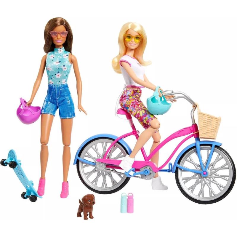 Barbie Outdoor Bike Playset Bundle Blonde and Brunette Doll with Puppy Summer Fu