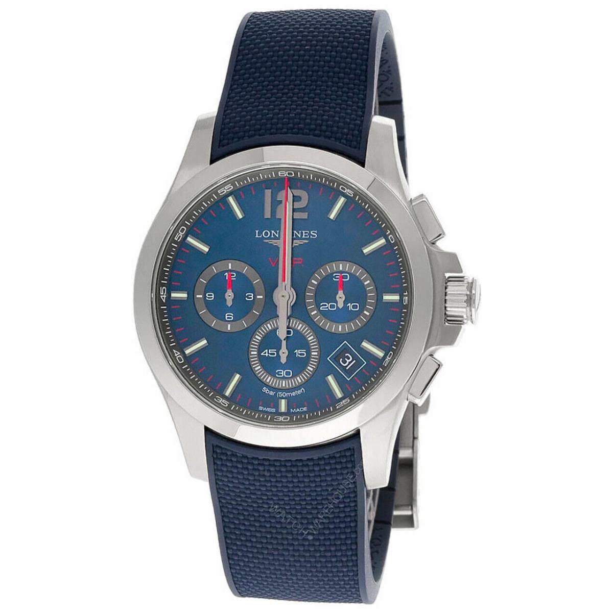 Longines Conquest V.h.p. Chrono 42MM Blue Rubber Men`s Watch L3.717.4.96.9