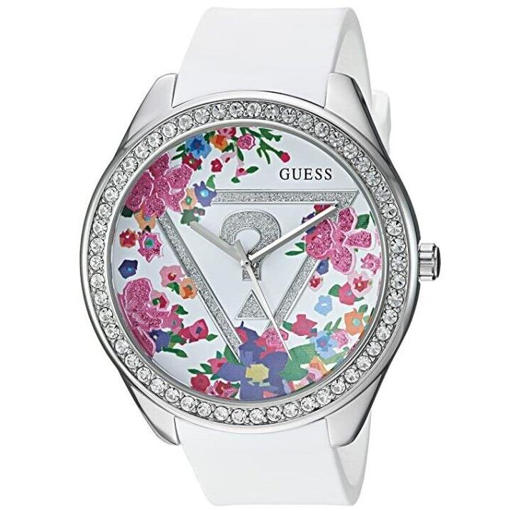 Guess White Rubber Strap Flower Design Dial with Gem-set Women`s Watch U0904L1