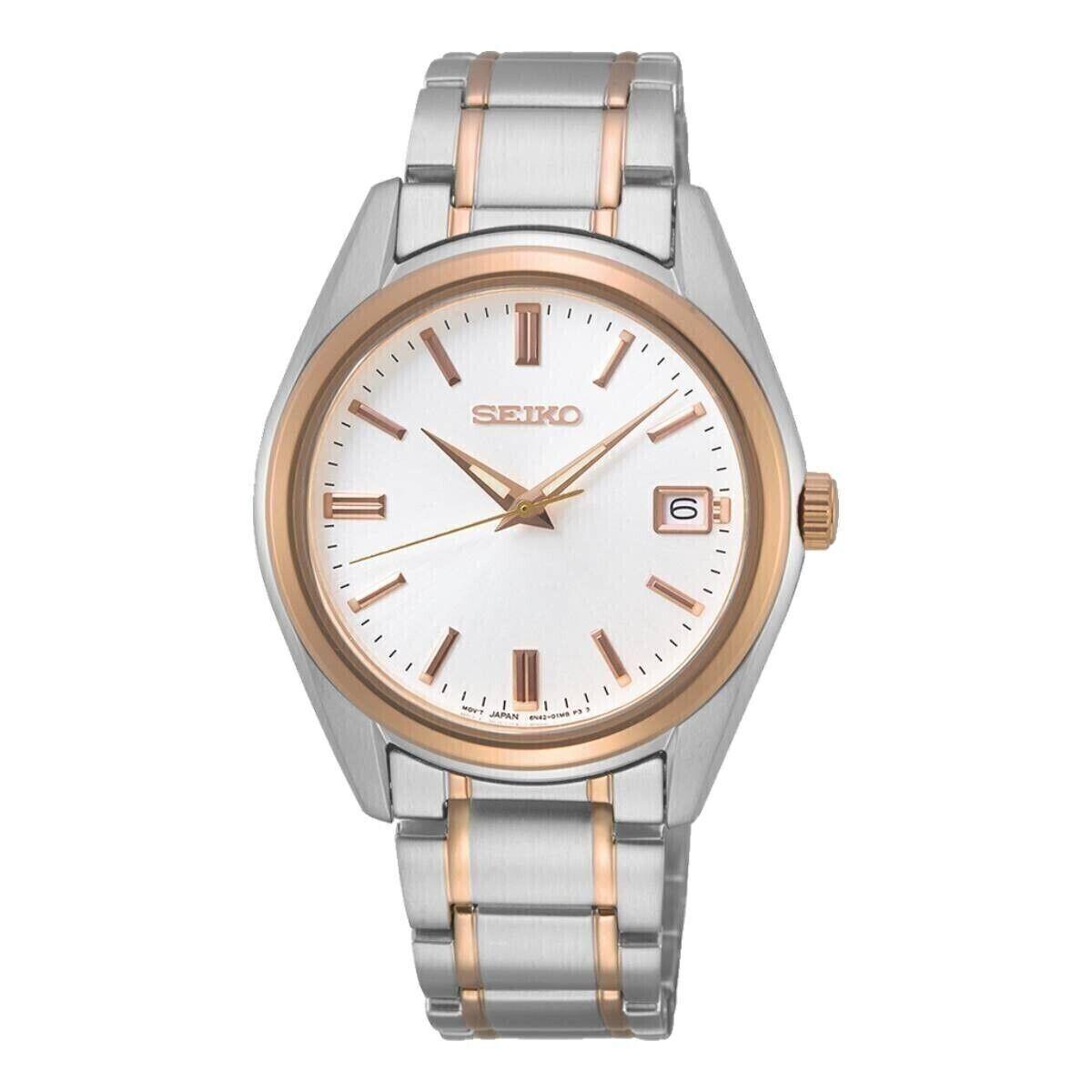 Seiko SUR322 Essentials Collection Rose Gold Silver Tone Date Women`s Watch - Dial: Silver, Band: Silver & Rose Gold, Bezel: Rose Gold