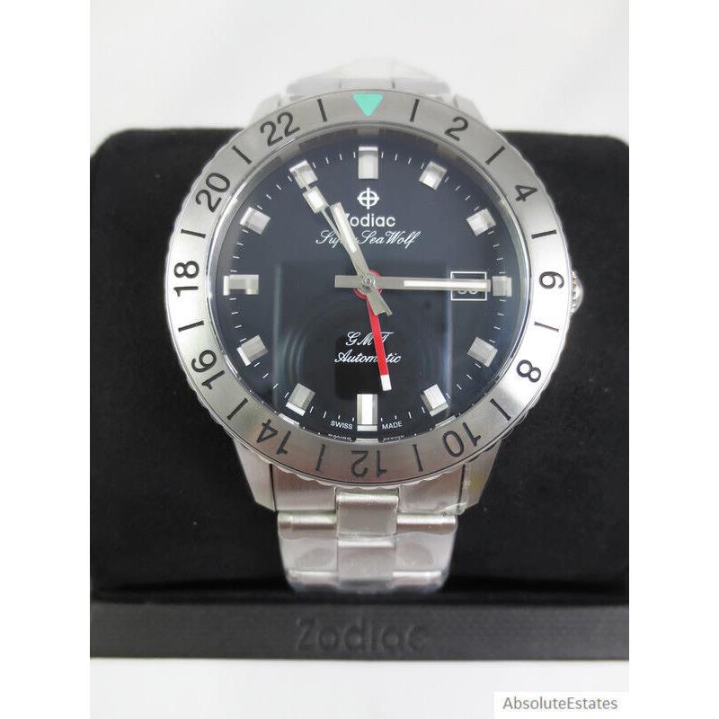 Zodiac Super Sea Wolf Gmt Automatic Black Silver Mens Watch ZO9405 + Box