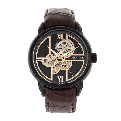 Heritor Automatic Sanford Semi-skeleton Leather-band Watch - Black/brown