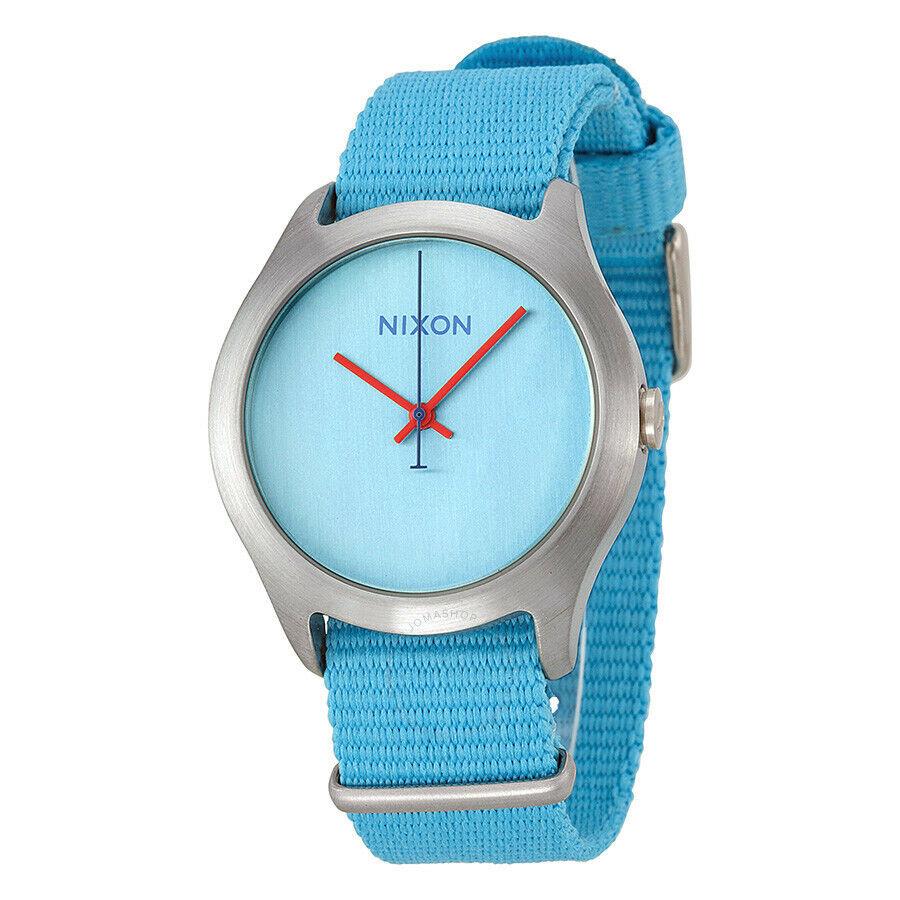 Nixon Mod Brushed Silver Tone Neon Blue Nylon Band Red Accent WATCH-A348606