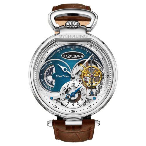 Stuhrling 4033 3 Modena Automatic Dual Time Skeleton Am/pm Brown Mens Watch