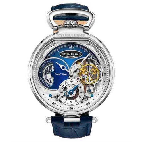 Stuhrling 4033 2 Modena Automatic Dual Time Skeleton Am/pm Blue Mens Watch