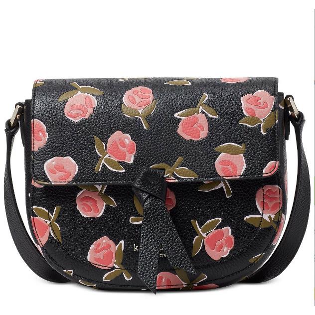 Kate Spade New York Med Black Knott Ditsy Rose Embossed Saddle Crossbody Bag