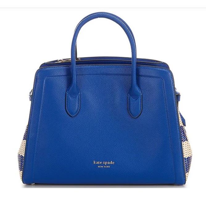 Kate Spade Classic Blue Leather Striped Woven Knott Large Satchel Bag Purse - Hardware: Gold, Exterior: Blue, Lining: Blue