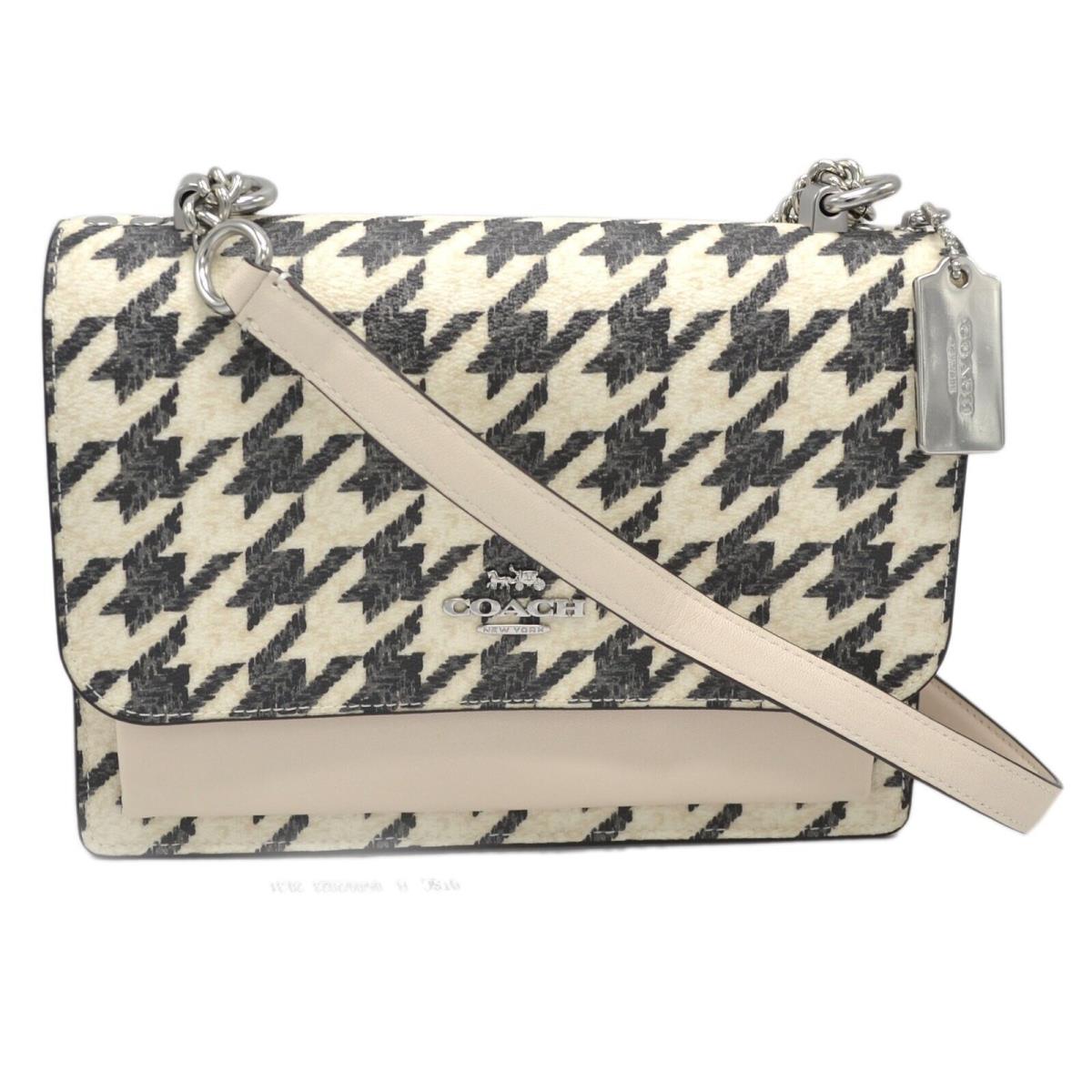 Coach Women`s Klare Crossbody Purse Chain Strap Handbag Logo Houndstooth - Silver Hardware, Cream Exterior, Brown Lining