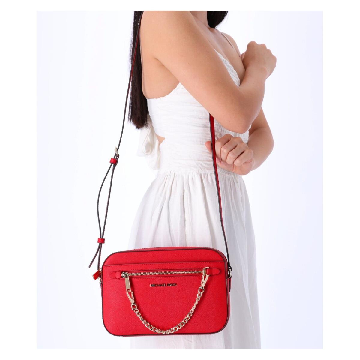 Michael Kors Jet Set Large East West Zip Chain Crossbody Bag Bright Red Leather