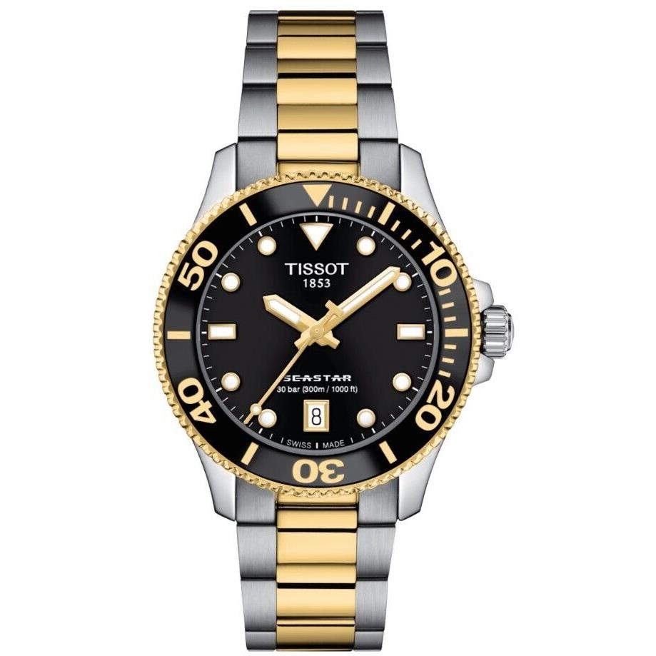 Tissot Seastar 1000 Stainless Steel Black Dial Round Men`s Watch T1202102205100 - Dial: Black, Band: Grey, Yellow Gold, Bezel: Black, Gold