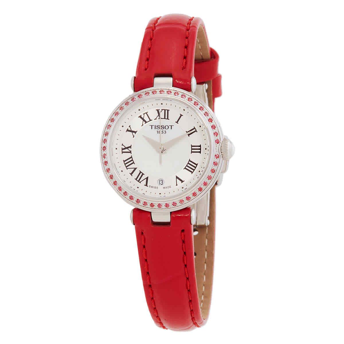 Tissot Bellissima Small Lady Quartz White Mop Dial Watch T1260106611300 - Dial: White, Band: Pink, Bezel: Silver, Pink