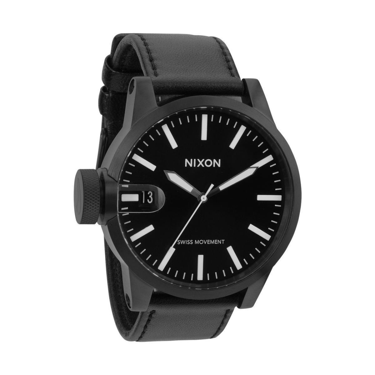 Nixon Chronicle All Black Leather Men`s Watch A127001 A127-001