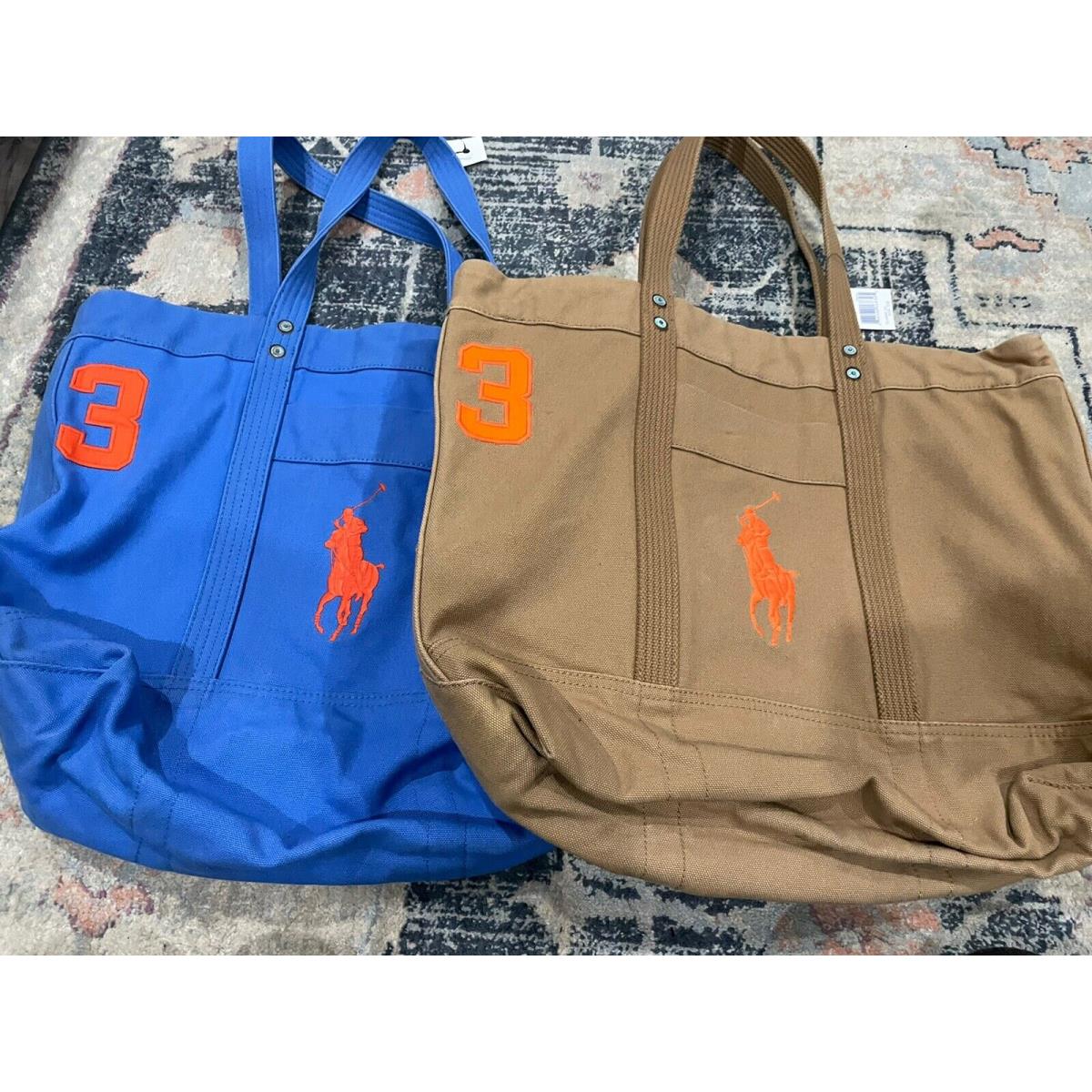 2X Designer Polo Ralph Lauren 3 Big Pony Tote Canvas Bag Blue and Khaki