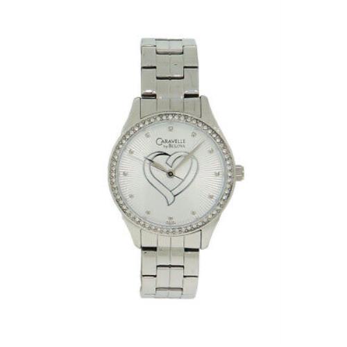 Caravelle by Bulova 43L151 Women`s Round Analog Radial Heart Clear Stone Watch - Silver Dial, Silver Band, Silver Bezel