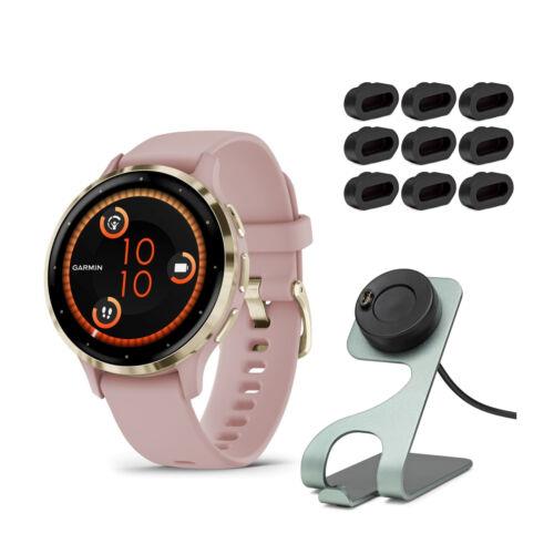 Garmin Venu 3S Smartwatch Soft Gold Dust Rose with Stand and Port Plugs