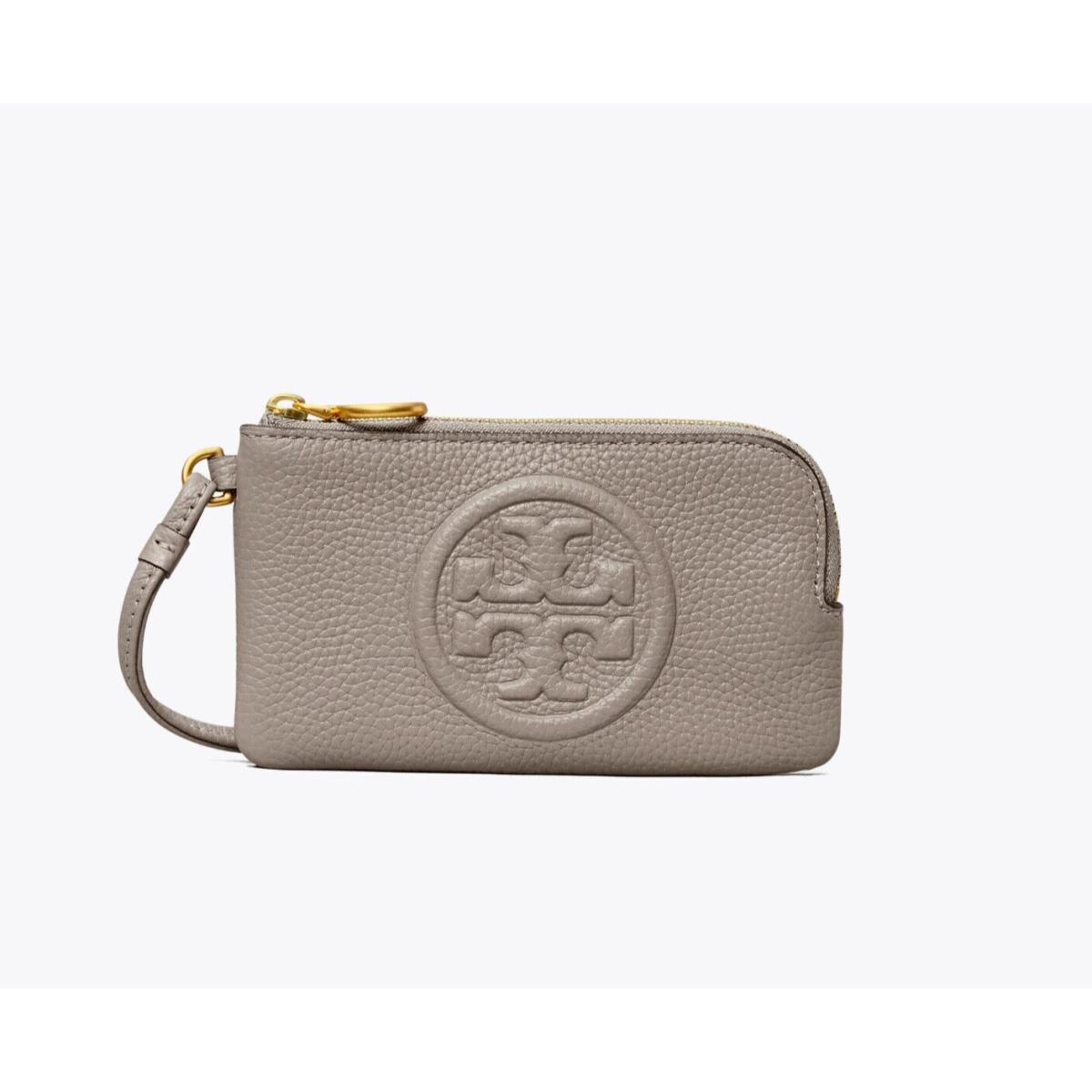 Tory Burch Perry Bombe Top Zip Card Case Leather Wristlet Wallet Gray Heron