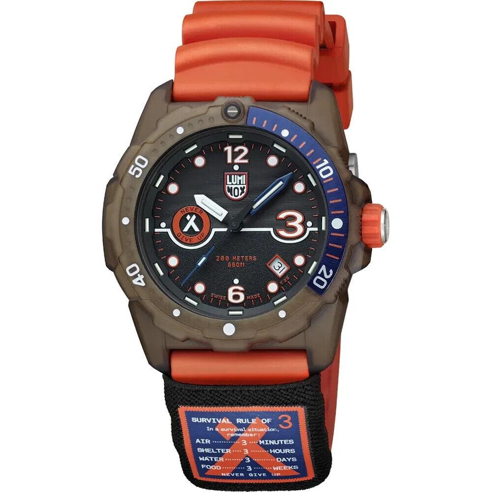 Luminox Men`s 42mm Bear Grylls Survival Eco Rule of 3 Brown Case Orange Watch