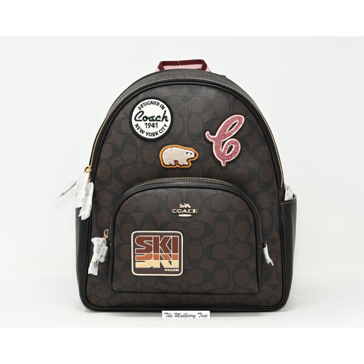 Coach Court Backpack Brown/black Signature Canvas Ski Patches CE595