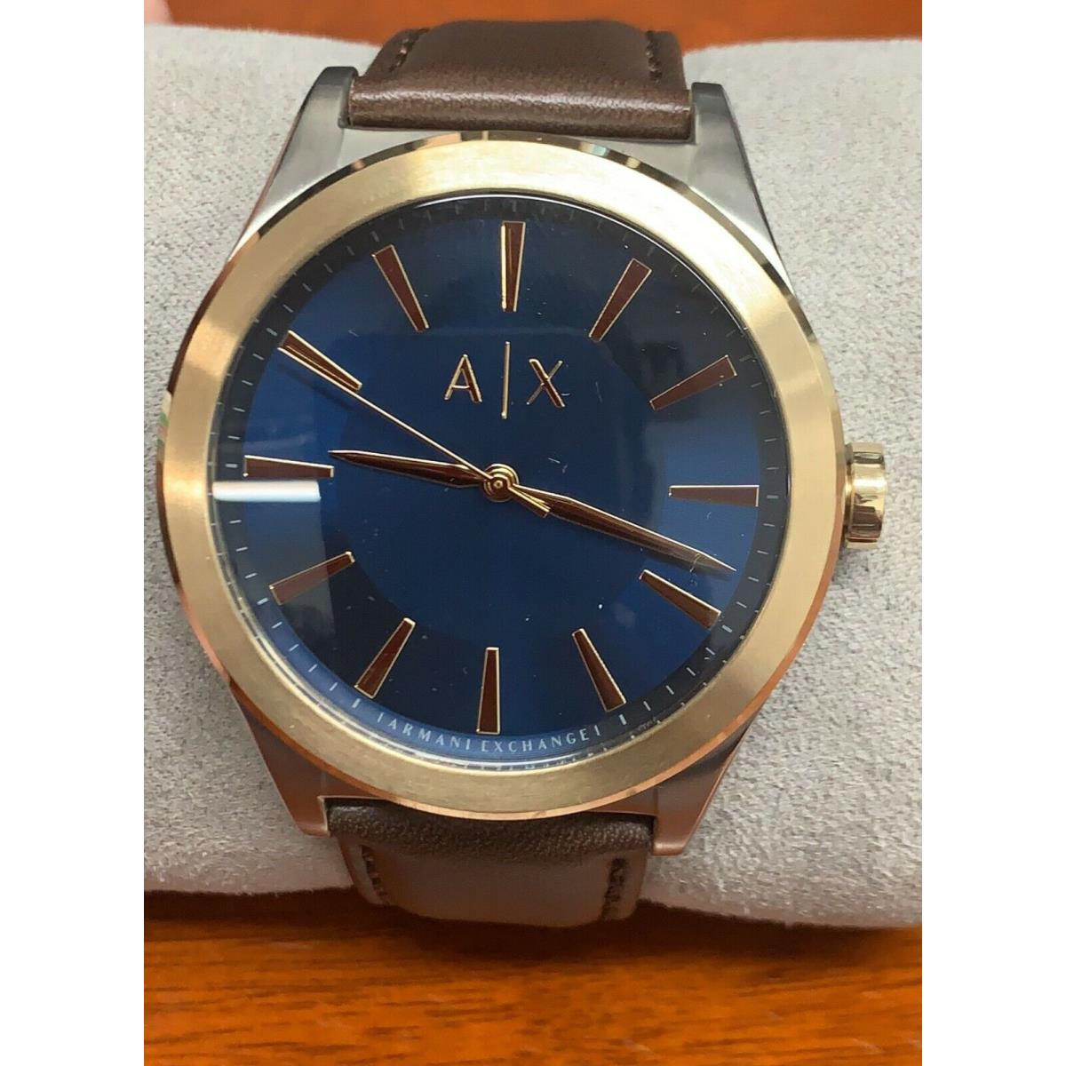 Armani Exchange Nico Brown Calfskin Band Gold Case Blue Dial Watch AX2334