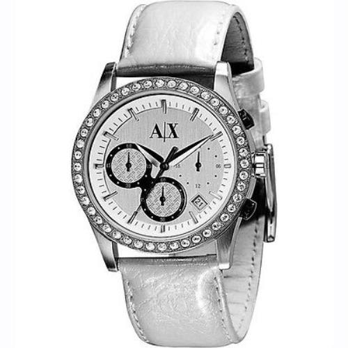 Armani Exchange White Leather Band Silver Tone Crystal Bezel Watch AX5004