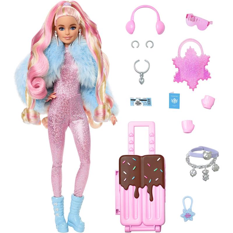 Barbie Extra Fly Travel Doll with Wintery Snow Fashion Sparkly Pink Jumpsuit Toy